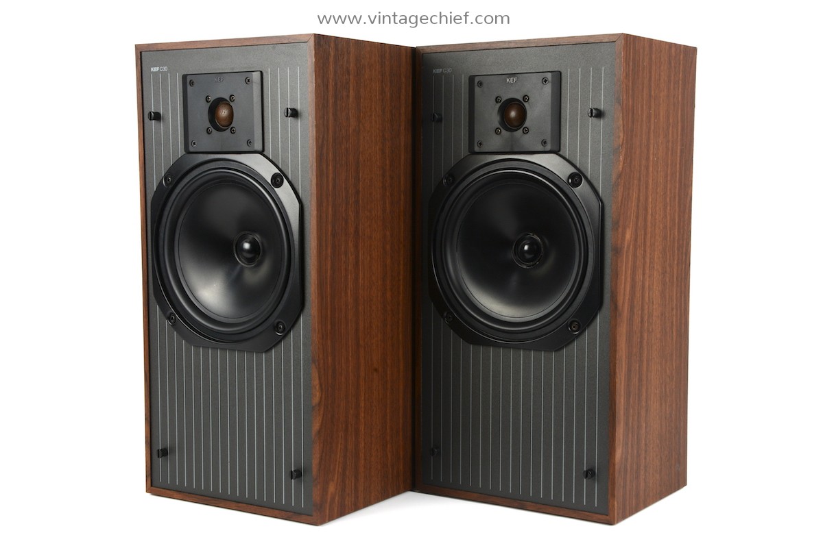 Matched Pair KEF C30 Speakers + Speaker Grills Walnut Finish KEF